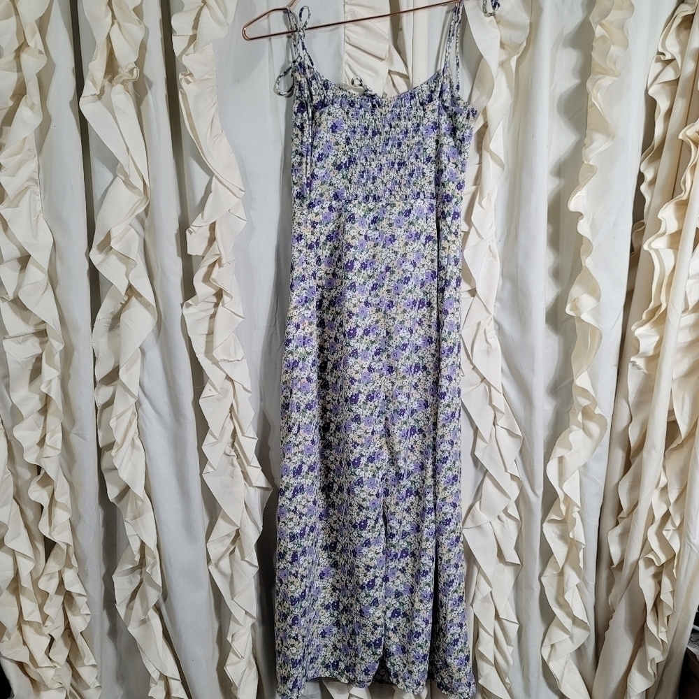 Whyte Valentyne Ditsy Floral Midi Dress Smocked Adjustable Straps Purple Yellow - Picture 7 of 9